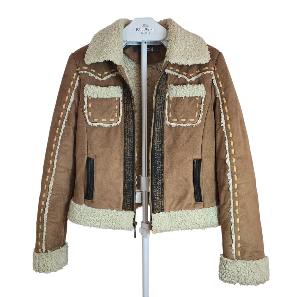 Kenneth Cole Reaction Faux Shearling Aviator Jacket Women Cropped‎ Winter